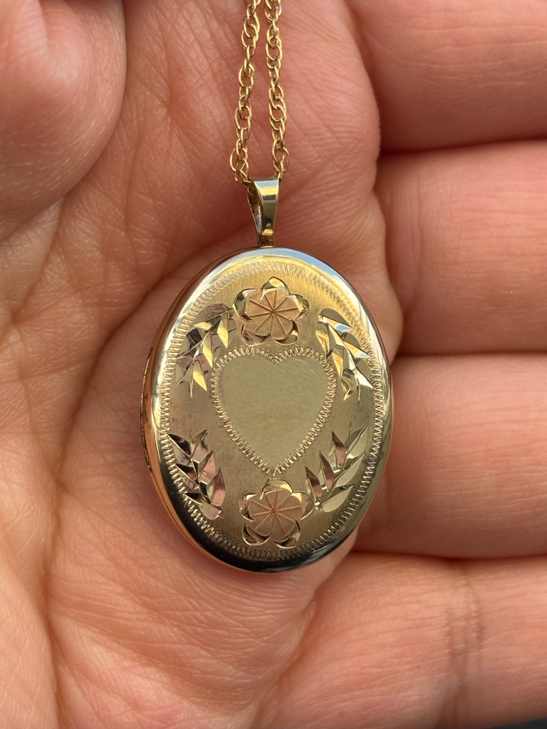 Vintage Gold Over Sterling Silver Locket Necklace Heart Floral Etched Oval